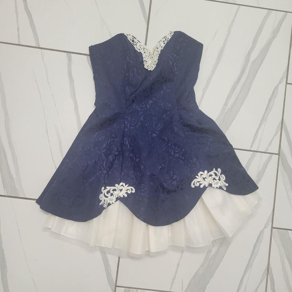 Vintage 90s Navy Jacquard Fit & Flare Party Dress White Lace Tulle Homecoming